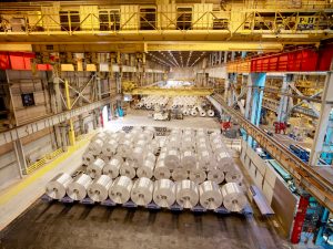 Coils of aluminum awaiting processing at Novelis plant in Oswego, NY.