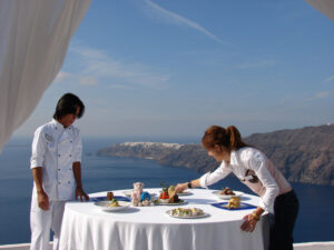 Dining on the island of Santorini, considered one of the most interesting and beautiful islands in Greece.