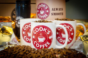 Promotional material featuring Cook’s Coffee.