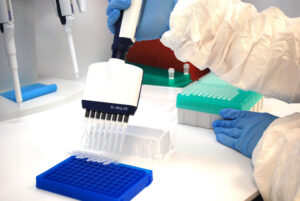Once the samples are RNA extracted, they are ready for qPCR (quantitative polymerase chain reaction) testing. This step tests for the presence of SARS-CoV-2 in the sample. 