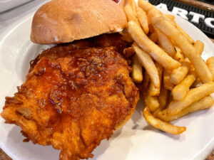 The hot honey crispy chicken sandwich. The southern-style and lightly fried chicken was super flavorful and tender. 